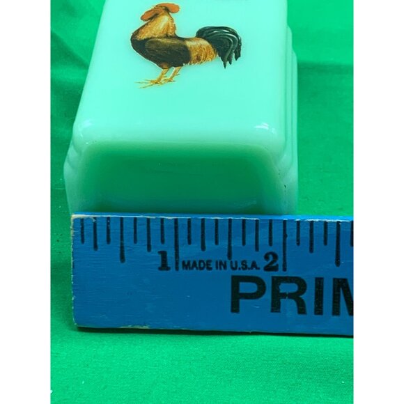 Vintage Jade Glass Salt & Pepper Shakers Rooster Graphics Metal Lids - Picture 3 of 7